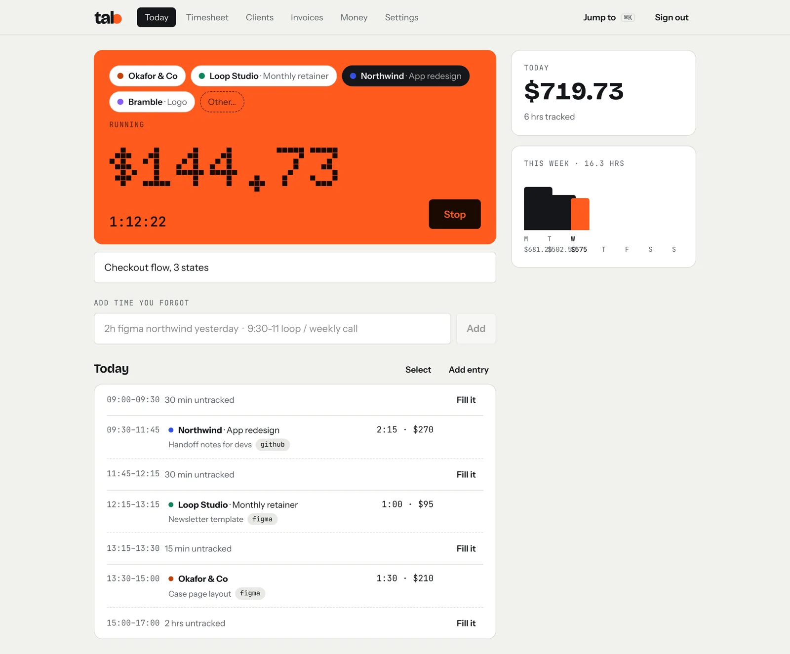 tab's Today screen: client buttons for Okafor & Co, Loop Studio, Northwind and Bramble across the top, a running meter showing $144.73, and today's list of entries for each client
