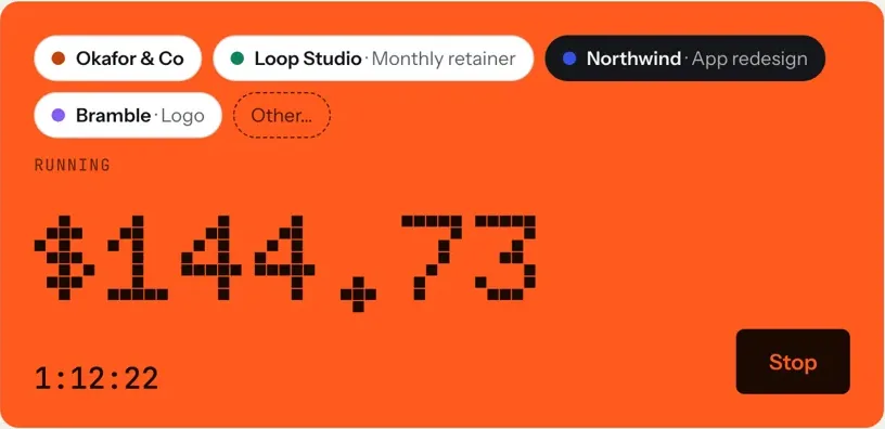 tab's running meter: buttons for Okafor & Co, Loop Studio · Monthly retainer, Northwind · App redesign (selected) and Bramble · Logo, a running total of $144.73 and a clock at 1:12:22 with a Stop button