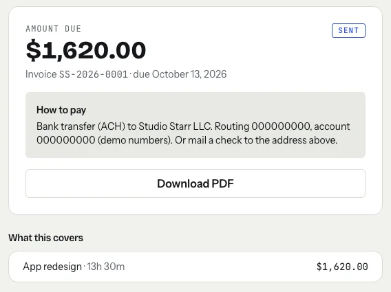 A tab invoice pay page: Amount due $1,620.00, invoice SS-2026-0001, due October 13, 2026, marked Sent, with a How to pay box reading Bank transfer (ACH) to Studio Starr LLC, routing and account numbers shown as demo zeros, or mail a check, and a Download PDF button