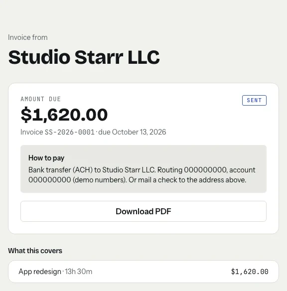 The page a client sees when they open an invoice link from tab: Invoice from Studio Starr LLC, amount due $1,620.00, invoice SS-2026-0001 due October 13, 2026, marked Sent, with how-to-pay bank transfer instructions, a Download PDF button, and what this covers: App redesign, 13 hours 30 minutes, $1,620.00