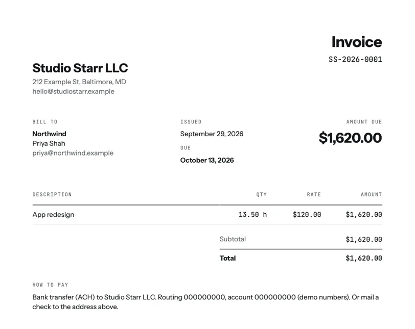 An invoice PDF from tab for Studio Starr LLC, invoice SS-2026-0001, billed to Northwind, issued September 29, 2026, due October 13, 2026, App redesign 13.50 hours at $120.00, total $1,620.00, with bank transfer payment instructions