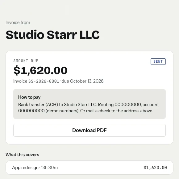A tab invoice page as the client sees it: Invoice from Studio Starr LLC, amount due $1,620.00, marked Sent, invoice SS-2026-0001 due October 13, 2026, a How to pay box with bank transfer details shown as demo numbers, a Download PDF button, and What this covers: App redesign, 13h 30m, $1,620.00