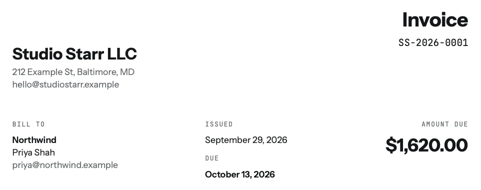 The top of a tab invoice PDF: Studio Starr LLC, 212 Example St, Baltimore, MD, and on the right Invoice SS-2026-0001, then Bill to Northwind, Priya Shah, issued September 29, 2026, due October 13, 2026, amount due $1,620.00